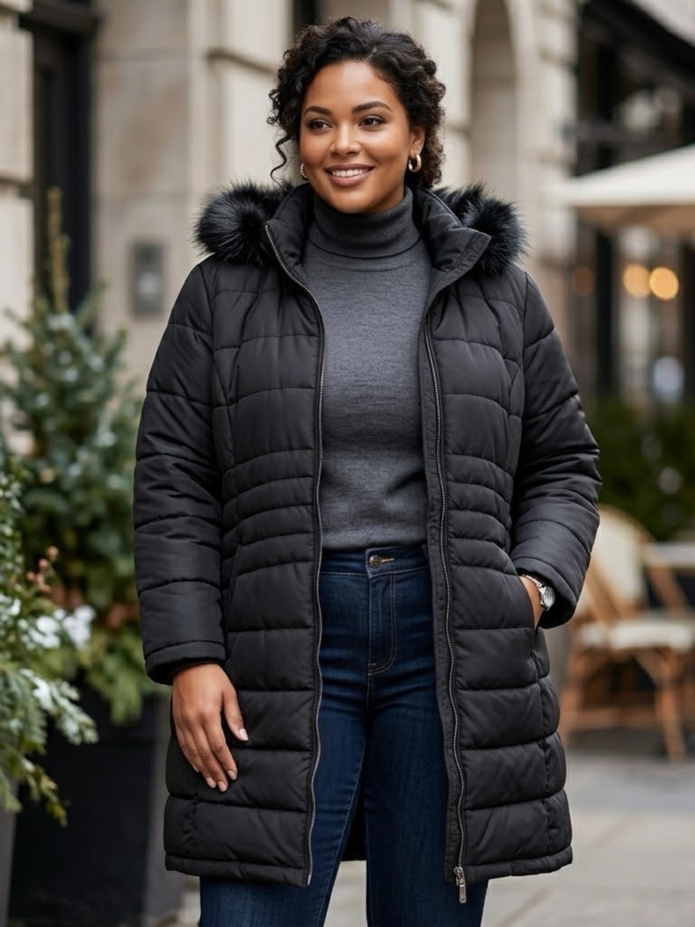 Susan Graver Black Quilted Hooded Puffer Coat with Faux-Fur Trim